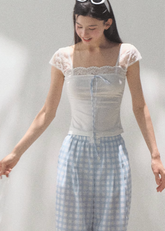 Cotton Lace Bow Short Sleeve Top